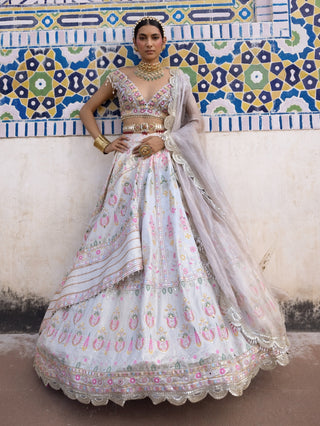 Ivory Banarasi Lehenga Set by Aditi Gupta available on Indiaspopup.com