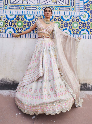 Ivory Banarasi Lehenga Set by Aditi Gupta available on Indiaspopup.com