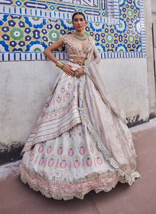 Ivory Banarasi Lehenga Set by Aditi Gupta available on Indiaspopup.com