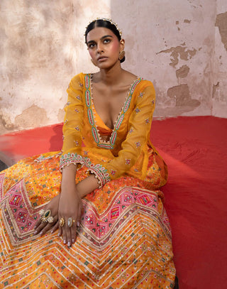 Patola Mustard Lehenga And Kurta Set by Aditi Gupta available on Indiaspopup.com