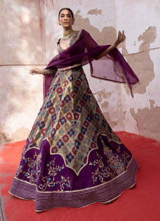 Purple Banarsi Chanderi Lehenga Set by Aditi Gupta available on Indiaspopup.com