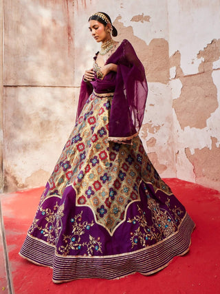 Purple Banarsi Chanderi Lehenga Set by Aditi Gupta available on Indiaspopup.com