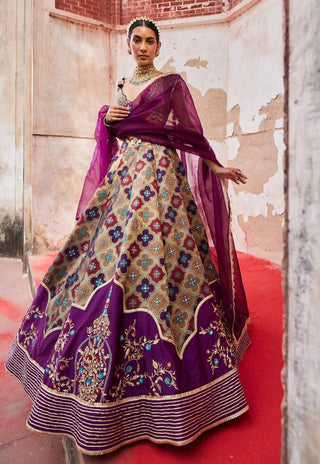 Purple Banarsi Chanderi Lehenga Set by Aditi Gupta available on Indiaspopup.com