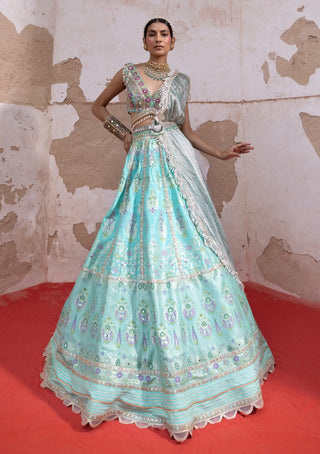 Firozi Chanderi Banarasi Lehenga Set by Aditi Gupta available on Indiaspopup.com