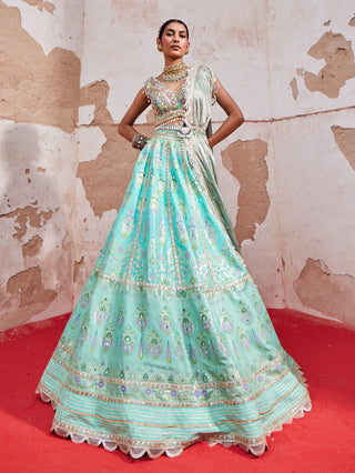 Firozi Chanderi Banarasi Lehenga Set by Aditi Gupta available on Indiaspopup.com