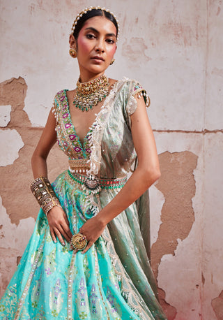 Firozi Chanderi Banarasi Lehenga Set by Aditi Gupta available on Indiaspopup.com