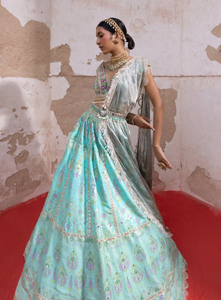 Firozi Chanderi Banarasi Lehenga Set by Aditi Gupta available on Indiaspopup.com