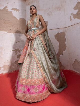 Pista Green Bandhani Banarasi Lehenga Set by Aditi Gupta available on Indiaspopup.com