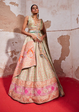 Pista Green Bandhani Banarasi Lehenga Set by Aditi Gupta available on Indiaspopup.com