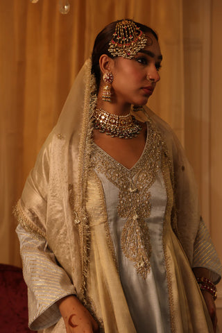 Gold and silver cotton tissue short kurta set