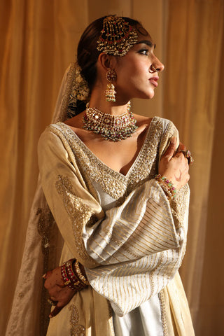 Gold and silver cotton tissue short kurta set