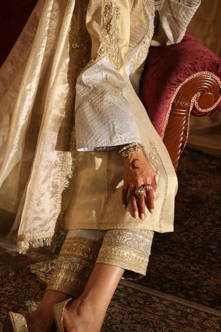 Gold and silver cotton tissue short kurta set