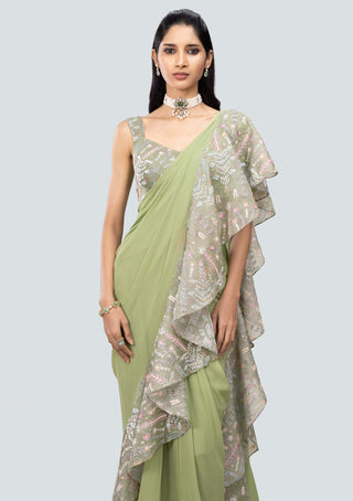 Aisha Rao-Kusum Green Draped Ruffle Sari And Blouse-INDIASPOPUP.COM
