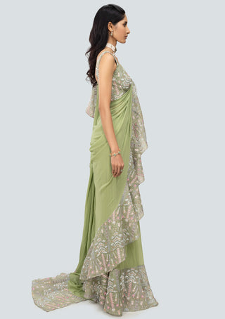 Aisha Rao-Kusum Green Draped Ruffle Sari And Blouse-INDIASPOPUP.COM