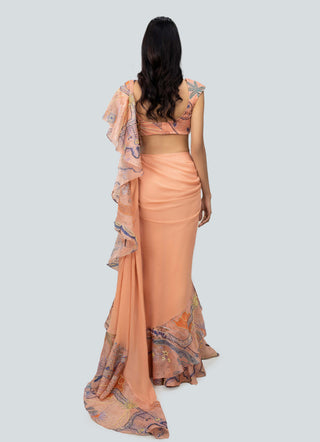 Aisha Rao-Ayana Peach Draped Ruffle Sari And Blouse-INDIASPOPUP.COM