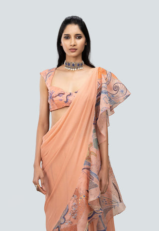 Aisha Rao-Ayana Peach Draped Ruffle Sari And Blouse-INDIASPOPUP.COM
