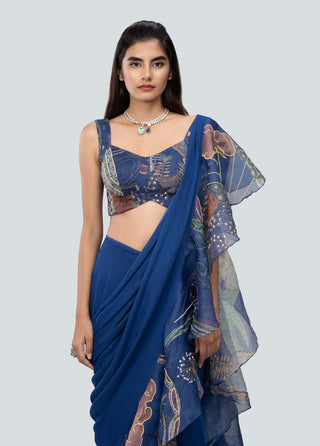 Aisha Rao-Nalina Blue Draped Ruffle Sari And Blouse-INDIASPOPUP.COM