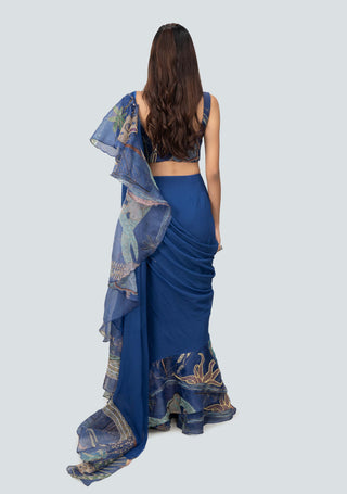 Aisha Rao-Nalina Blue Draped Ruffle Sari And Blouse-INDIASPOPUP.COM