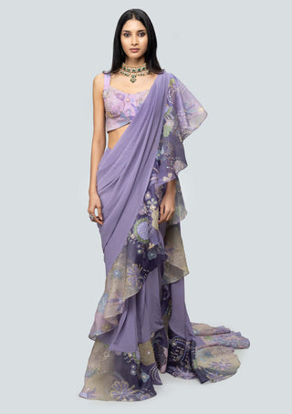 Aisha Rao-Tarika Amethyst Draped Ruffle Sari And Blouse-INDIASPOPUP.COM