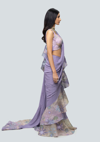 Aisha Rao-Tarika Amethyst Draped Ruffle Sari And Blouse-INDIASPOPUP.COM