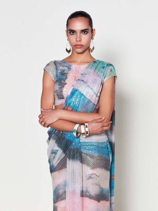 Starlume Aurora Draped Sari And Blouse by Aisha Rao, available on Indiaspopup.com