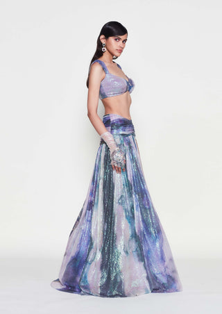 Helicona Mist Purple Gathered Lehenga Set by Aisha Rao, available on Indiaspopup.com