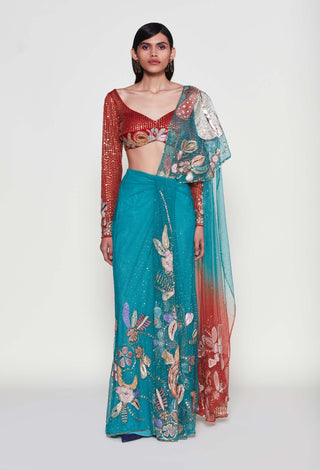 Verdance Pre-Draped Sari And Blouse by Aisha Rao, available on Indiaspopup.com