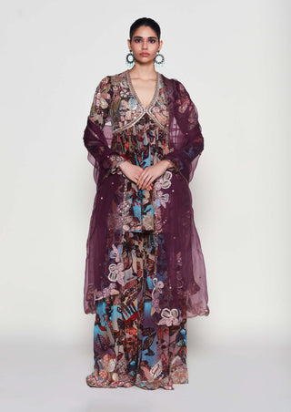 Claret Blue-Orange Gharara Set by Aisha Rao, available on Indiaspopup.com