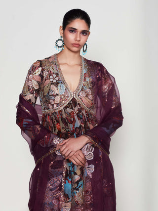 Claret Blue-Orange Gharara Set by Aisha Rao, available on Indiaspopup.com