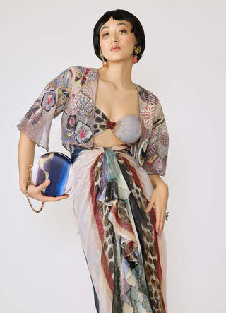 Valora Mist Purple Cutout Gown And Bolero by Aisha Rao, available on Indiaspopup.com