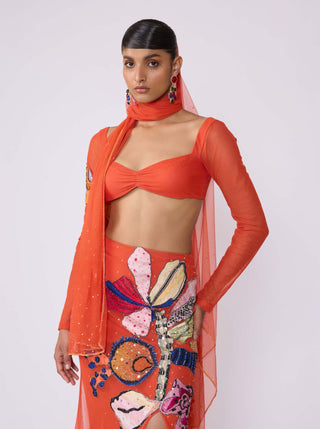 Ember Spanish Orange Skirt Set by Aisha Rao, available on Indiaspopup.com