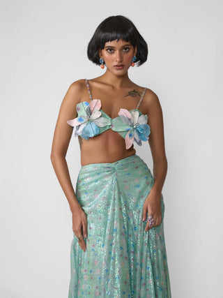 Oceana Aquamarine Blouse And Skirt by Aisha Rao, available on Indiaspopup.com