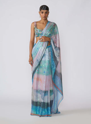 Spectra Aurora Sequin Draped Sari And Blouse by Aisha Rao, available on Indiaspopup.com