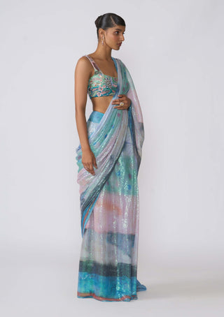 Spectra Aurora Sequin Draped Sari And Blouse by Aisha Rao, available on Indiaspopup.com