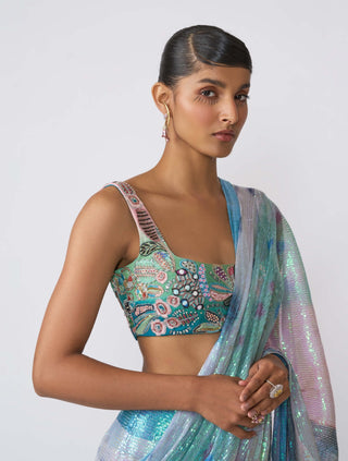 Spectra Aurora Sequin Draped Sari And Blouse by Aisha Rao, available on Indiaspopup.com