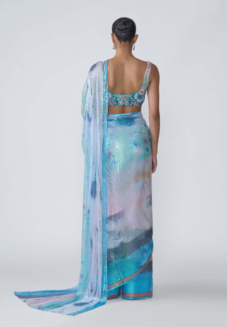 Spectra Aurora Sequin Draped Sari And Blouse by Aisha Rao, available on Indiaspopup.com