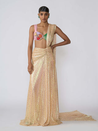 Solara Flax Yellow Draped Sari And Blouse by Aisha Rao, available on Indiaspopup.com