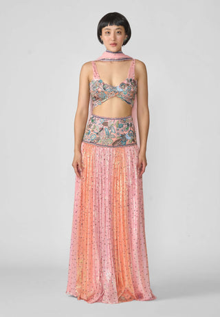 Sylphine Pink Orange Lehenga Set by Aisha Rao, available on Indiaspopup.com