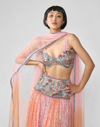 Sylphine Pink Orange Lehenga Set by Aisha Rao, available on Indiaspopup.com