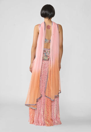 Sylphine Pink Orange Lehenga Set by Aisha Rao, available on Indiaspopup.com