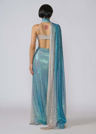 Astra Ivory Blue Draped Sari And Blouse by Aisha Rao, available on Indiaspopup.com