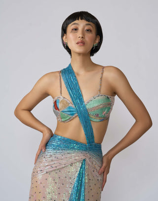 Astra Ivory Blue Draped Sari And Blouse by Aisha Rao, available on Indiaspopup.com