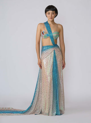 Astra Ivory Blue Draped Sari And Blouse by Aisha Rao, available on Indiaspopup.com