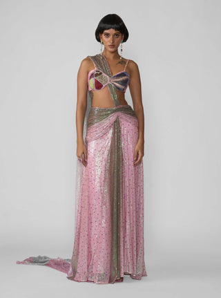 Aven Pink Brown Draped Sari And Blouse by Aisha Rao, available on Indiaspopup.com