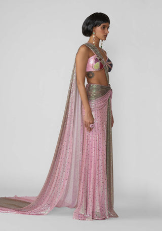 Aven Pink Brown Draped Sari And Blouse by Aisha Rao, available on Indiaspopup.com