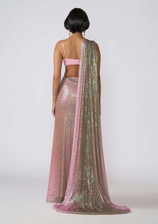 Aven Pink Brown Draped Sari And Blouse by Aisha Rao, available on Indiaspopup.com