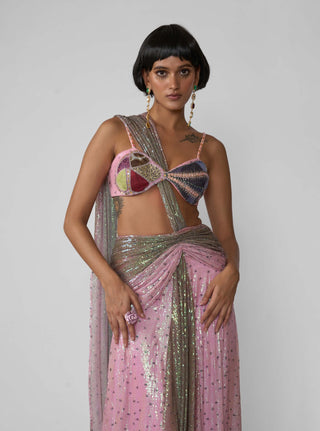 Aven Pink Brown Draped Sari And Blouse by Aisha Rao, available on Indiaspopup.com