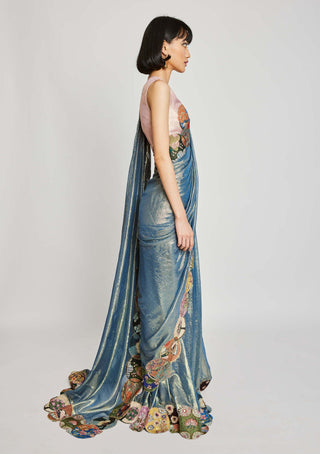 Aisha Rao-Bonet Blue Draped Sari And Blouse-INDIASPOPUP.COM