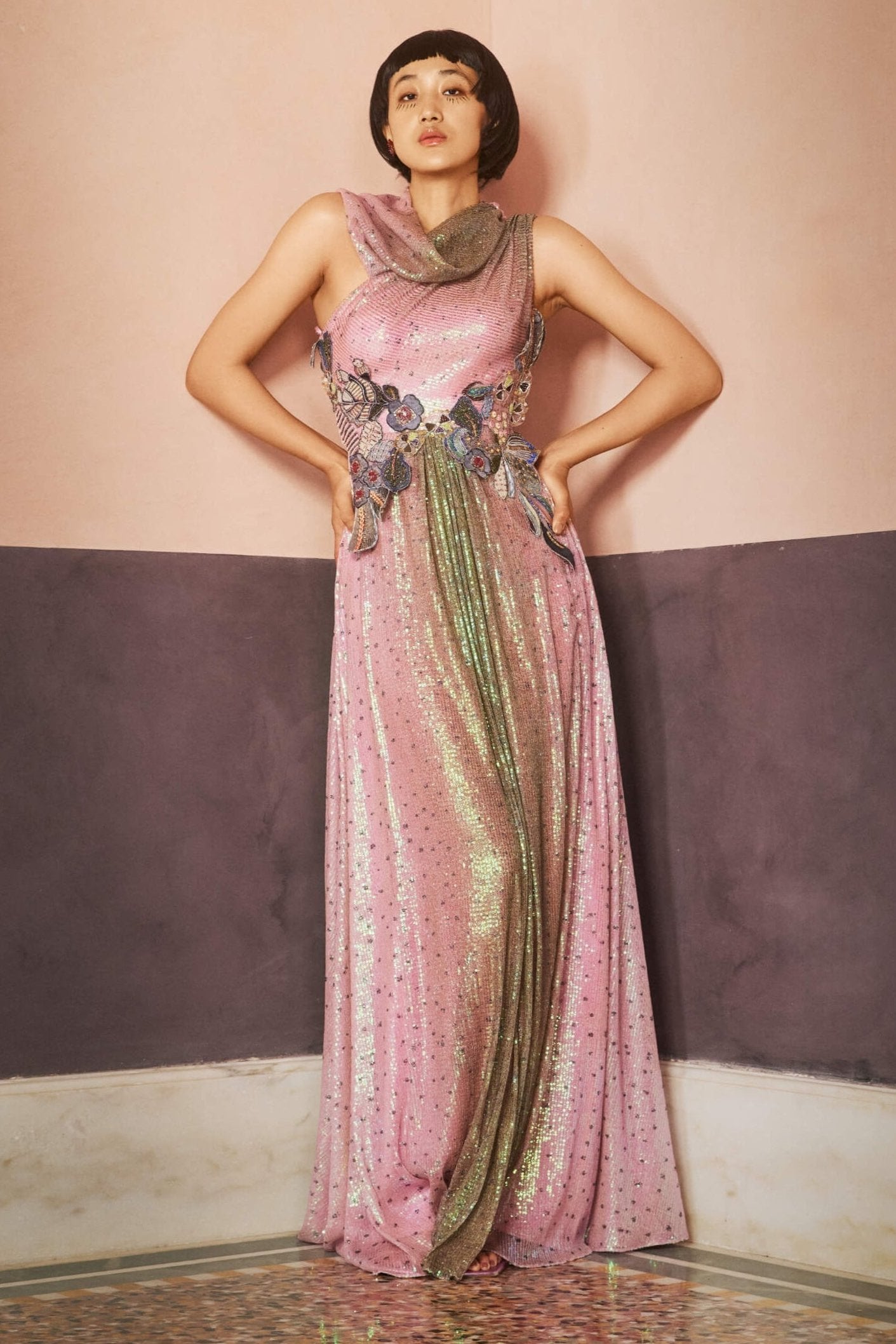 Aisha Rao Elowra Pink-Green Ombre Gown | Indiaspopup.com M Aisha Rao Elowra Pink-Green Ombre Gown | Indiaspopup.com M
