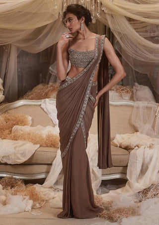 Antares Ash Brown Drape Sari And Jacket Set by Roqa, available on Indiaspopup.com